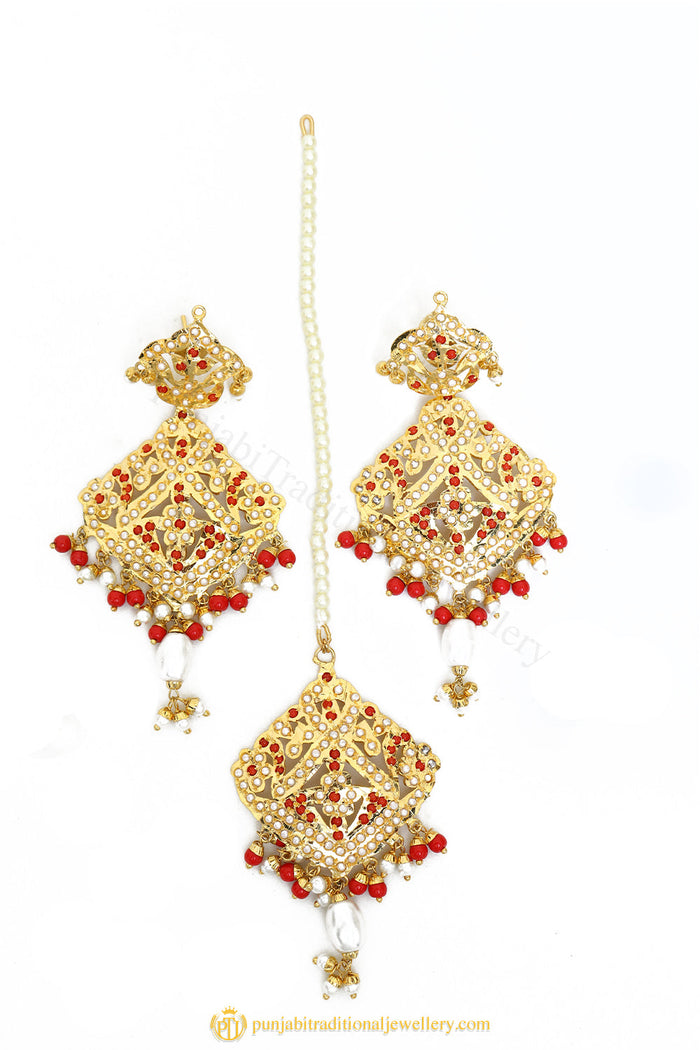 Gold Finished Earrings & Tikka Set by PTJ