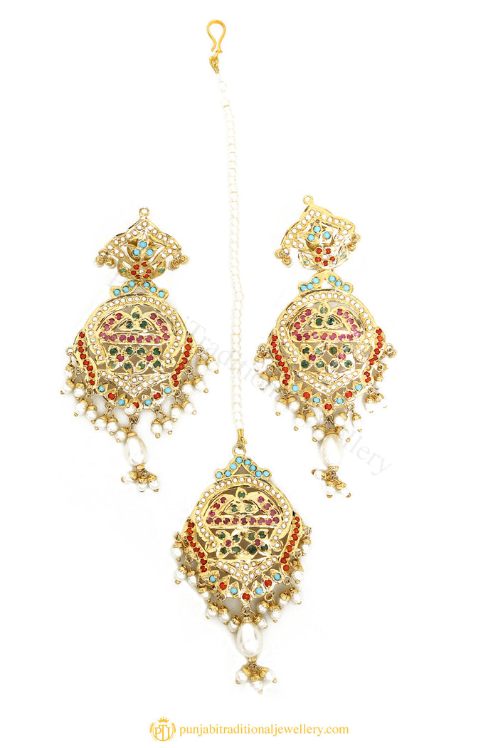 Gold Finished Earrings & Tikka Set by PTJ