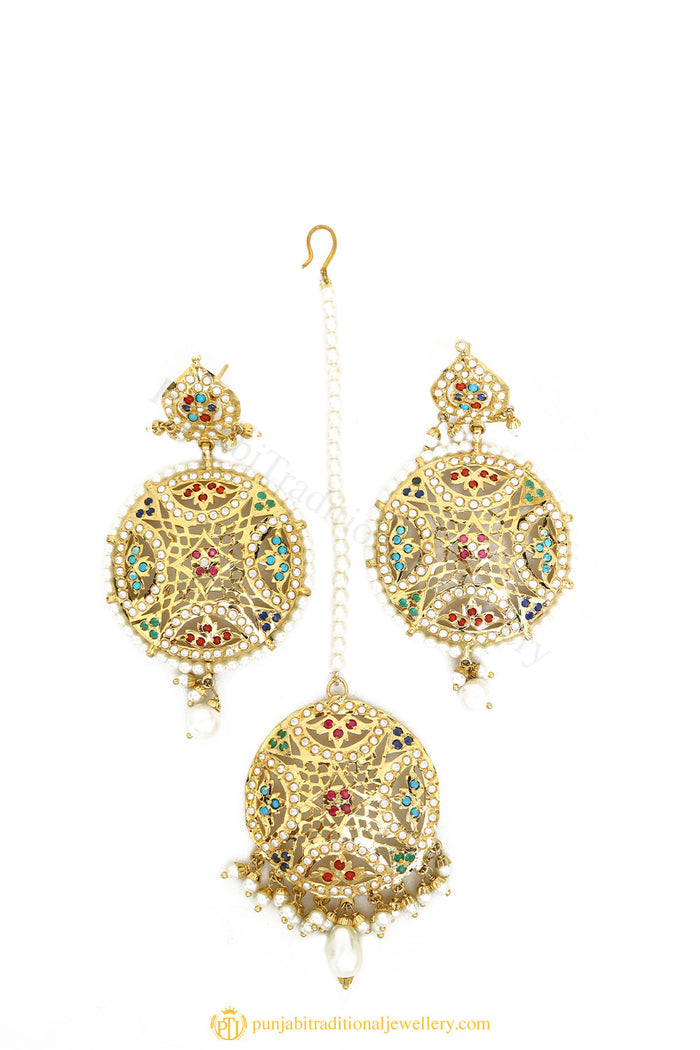 Gold Finished Earrings & Tikka Set by PTJ