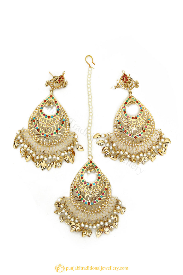 Gold Finished Earrings & Tikka Set by PTJ