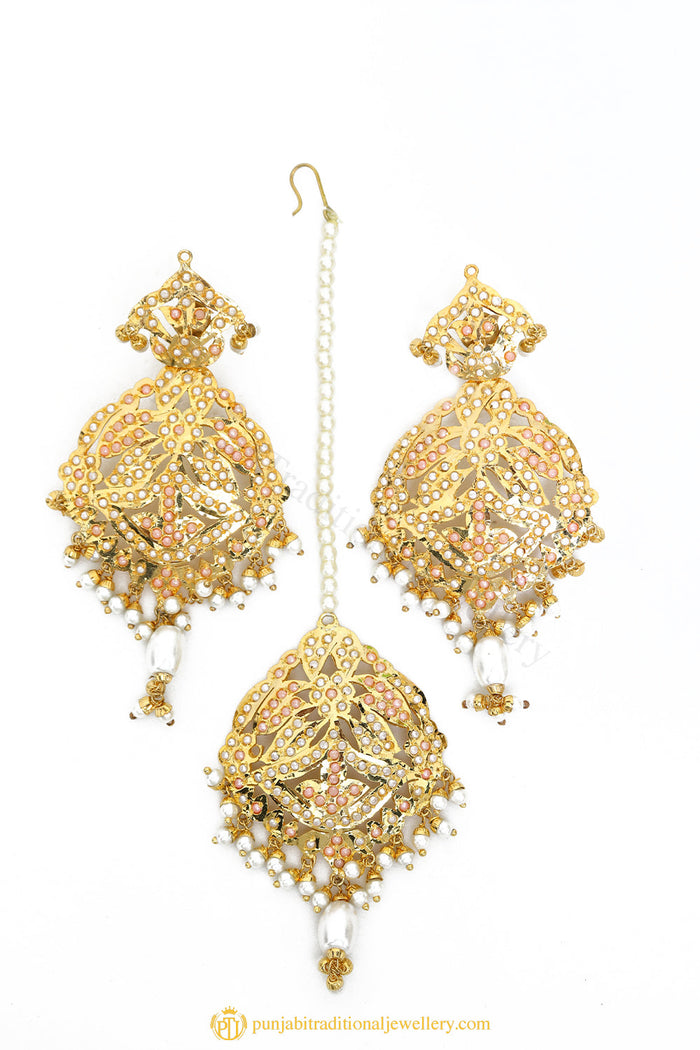 Gold Finished Earrings & Tikka Set by PTJ
