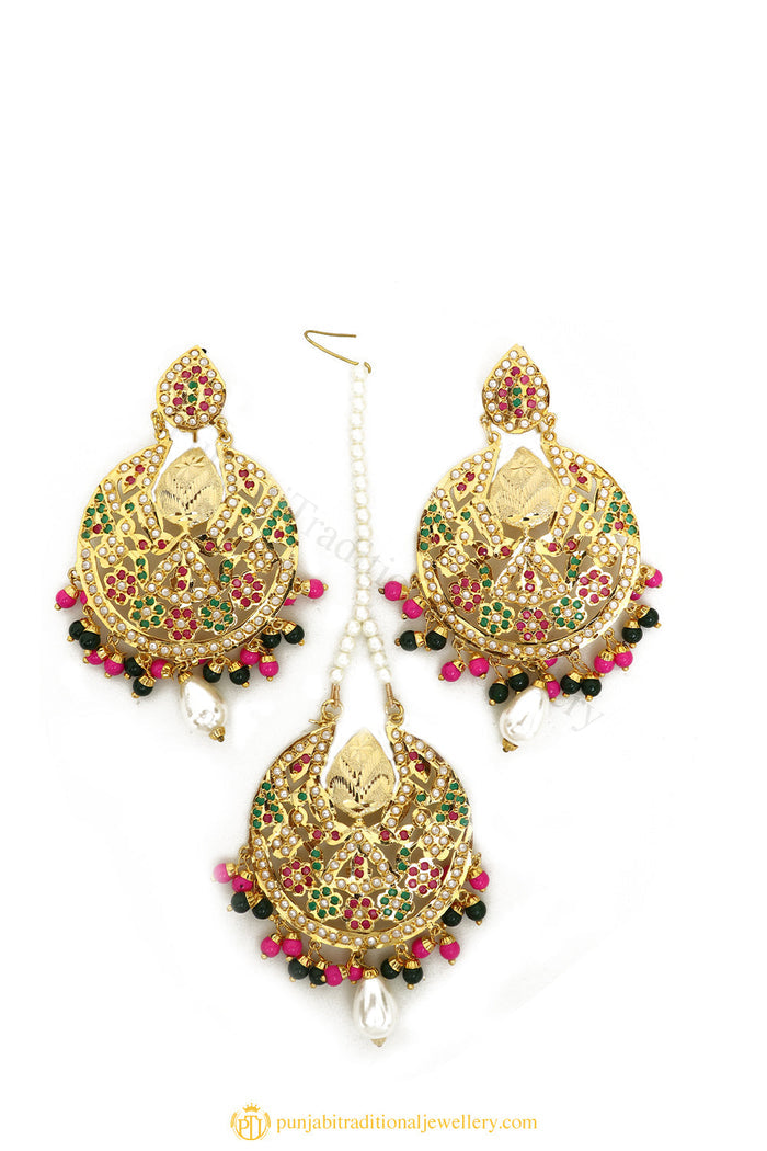 Gold Finished Earrings & Tikka Set by PTJ