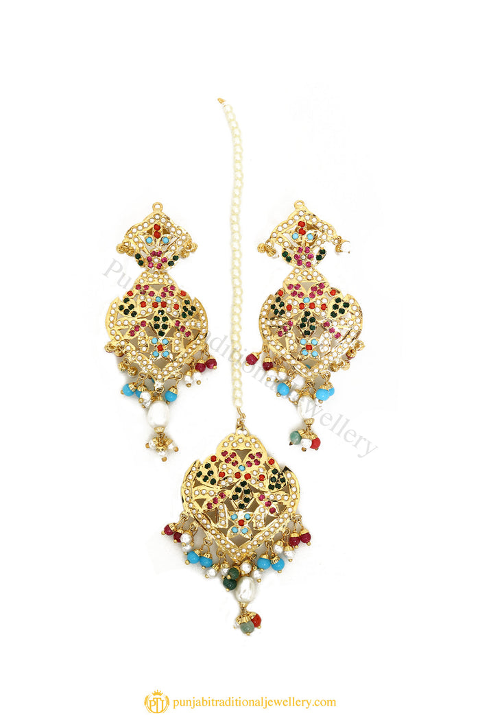 Gold Finished Earrings & Tikka Set by PTJ