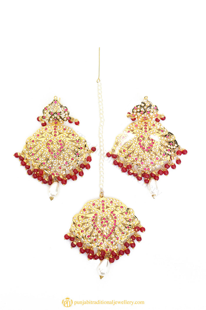 Gold Finished Earrings & Tikka Set by PTJ