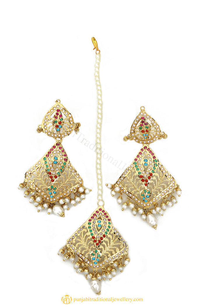 Gold Finished Earrings & Tikka Set by PTJ
