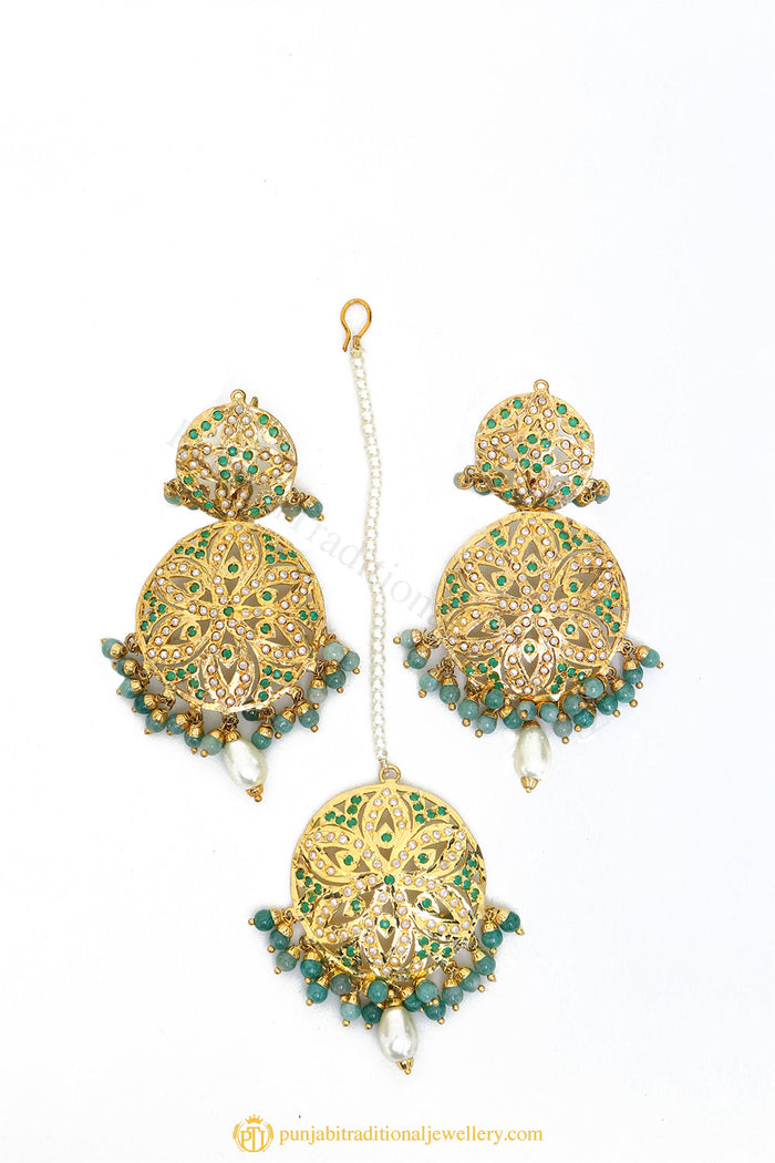 Gold Finished Earrings & Tikka Set by PTJ