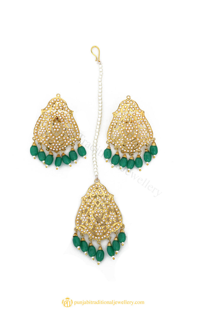 Gold Finished Earrings & Tikka Set by PTJ