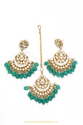 Gold Finished Emerald Kundan Earring & Tikka Set By PTJ