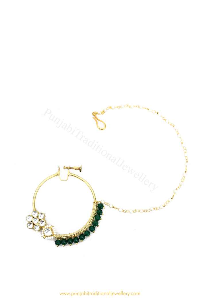 Gold Finished Emerald Kundan Nath By PTJ