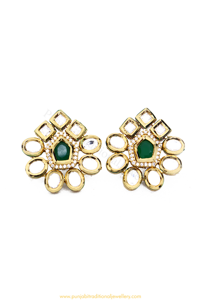 Gold Finished Emerald Kundan Studs By PTJ