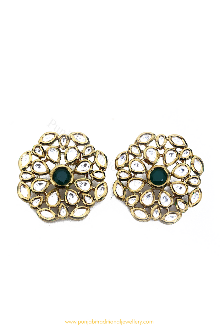 Gold Finished Emerald Kundan Studs By PTJ