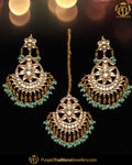 Gold Finished Green Kundan Earrring Tikka Set | Punjabi Traditional Jewellery Exclusive