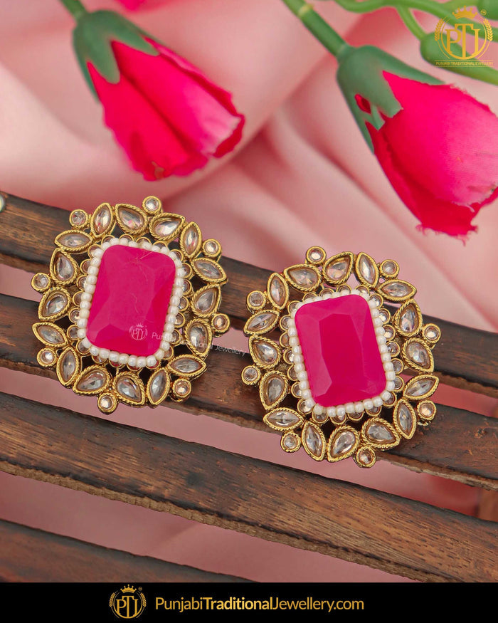 Gold Finished Hot Pink Champagne Stone Stud Earrings | Punjabi Traditional Jewellery Exclusive