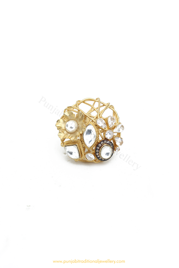 Gold Finished Kundan Ring By PTJ