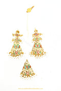Gold Finished Navratan Jadau Earrings & Tikka Set By PTJ