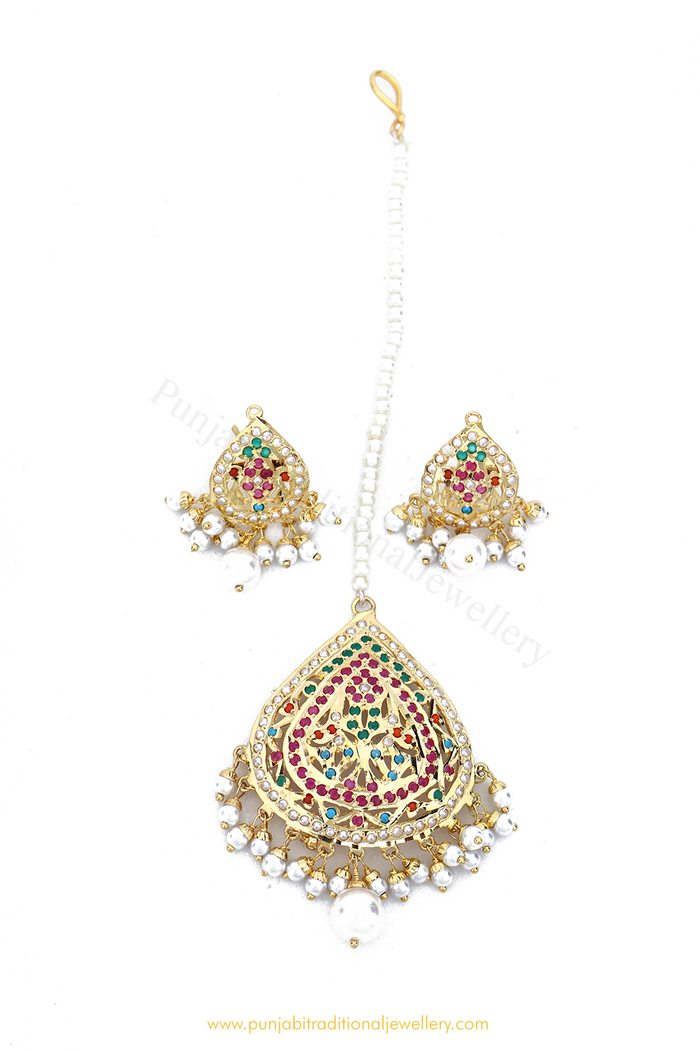 Gold Finished Navratan Jadau Studs & Tikka Set By PTJ