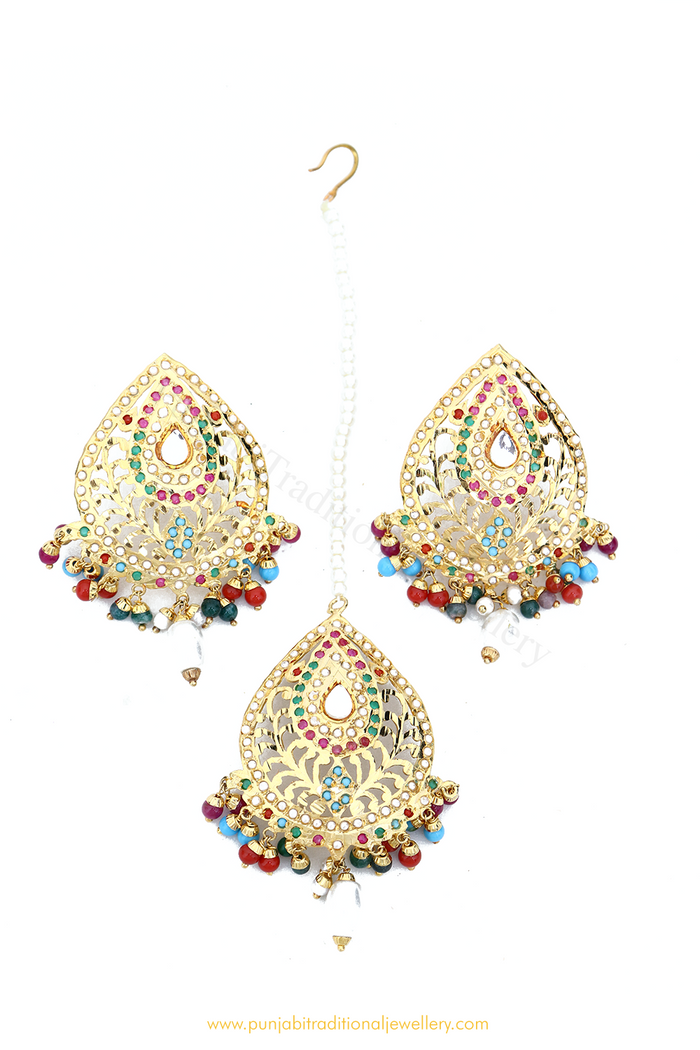 Gold Finished Navratan Jadau Studs & Tikka Set By PTJ