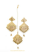Gold Finished Pearl Jadau Earrings & Tikka Set By PTJ