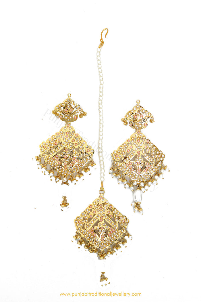 Gold Finished Pearl Jadau Earrings & Tikka Set By PTJ