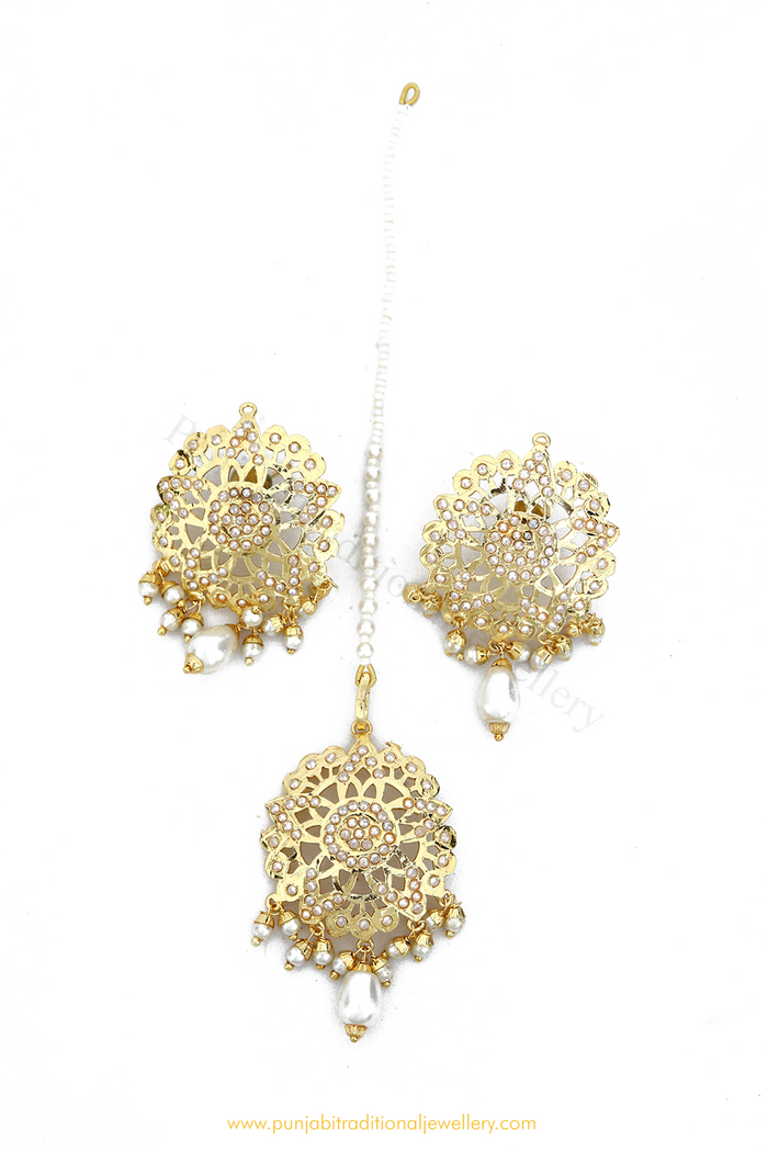 Gold Finished Pearl Jadau Studs & Tikka Set By PTJ