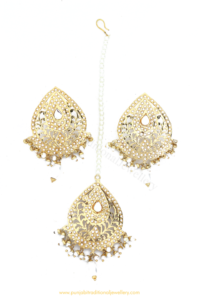 Gold Finished Pearl Jadau Studs & Tikka Set By PTJ