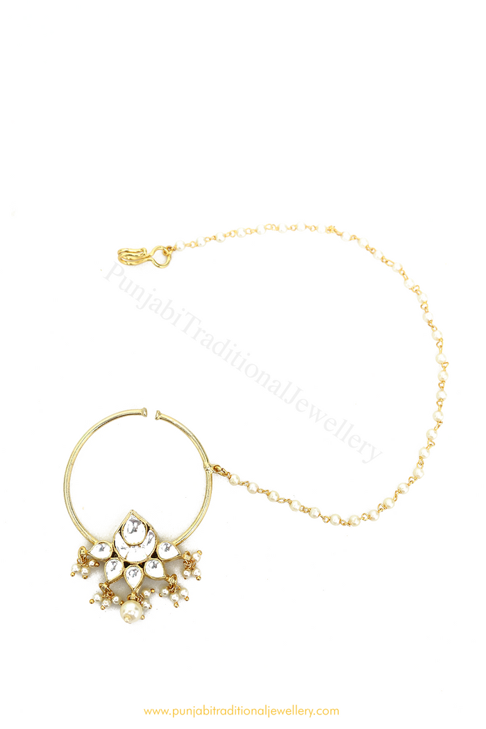 Gold Finished Pearl Kundan Nath By PTJ
