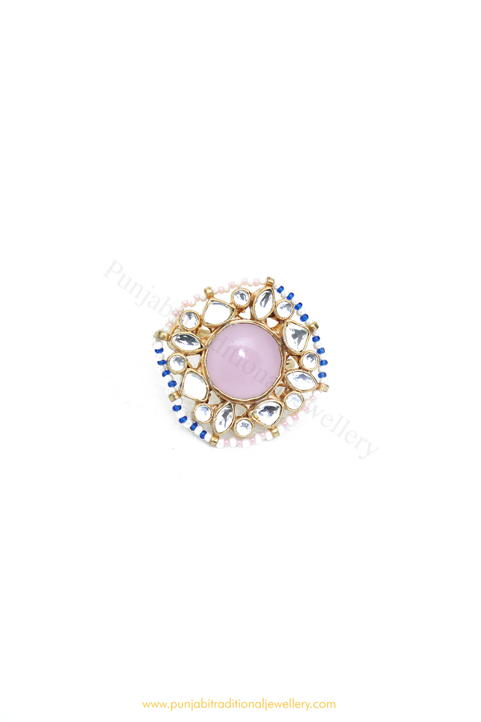 Gold Finished Pink Kundan Ring By PTJ