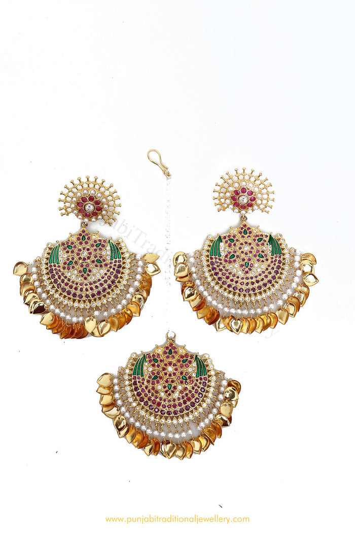 Gold Finished Rubby Emerald  Earrings & Tikka Set By PTJ