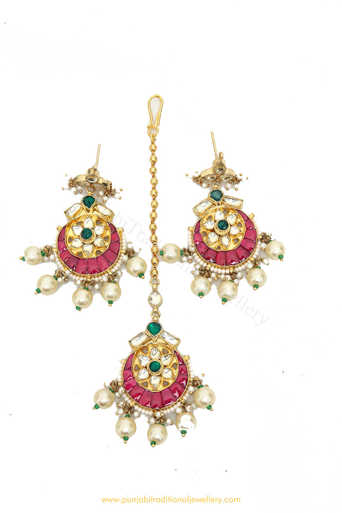 Gold Finished Rubby Emerald Kundan Earring & Tikka Set By PTJ