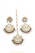 Gold Finished Rubby Emerald Kundan Earring & Tikka Set By PTJ