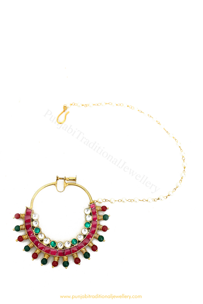 Gold Finished Rubby Emerald Kundan Nath By PTJ