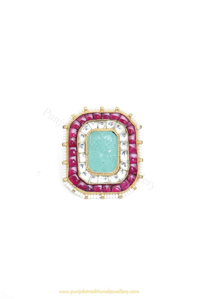 Gold Finished Rubby Emerald Kundan Ring By PTJ