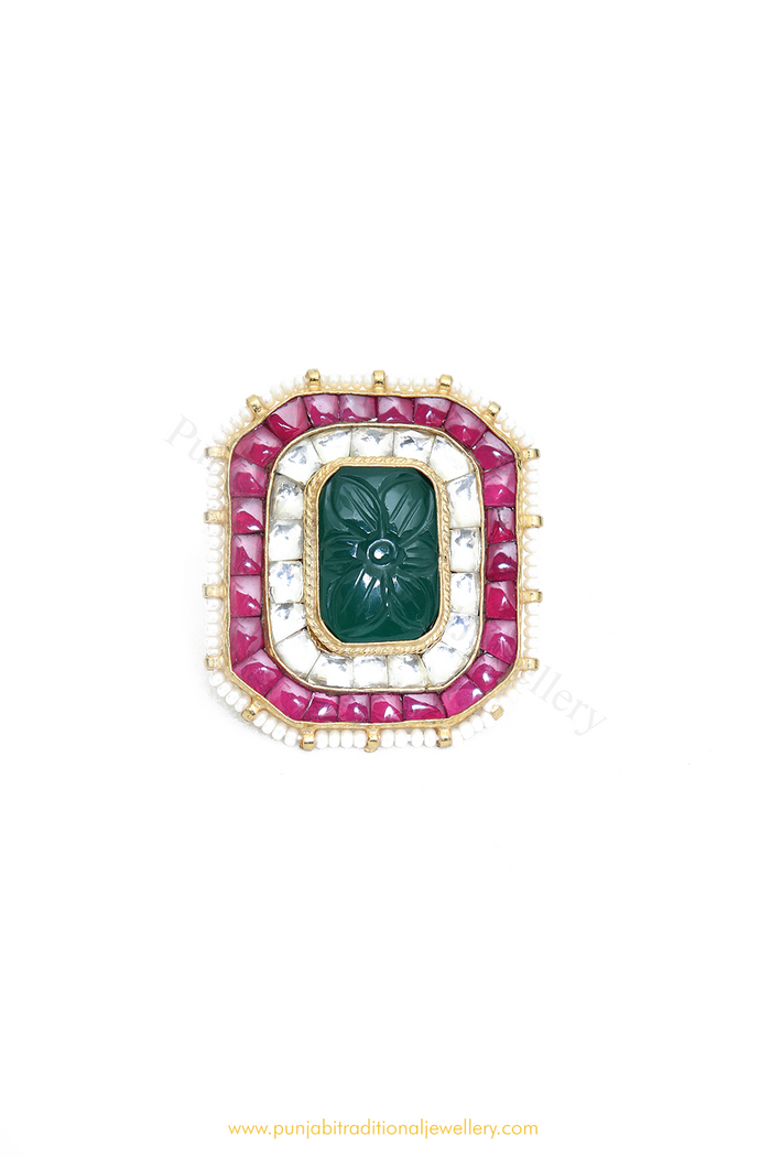 Gold Finished Rubby Emerald Kundan Ring By PTJ
