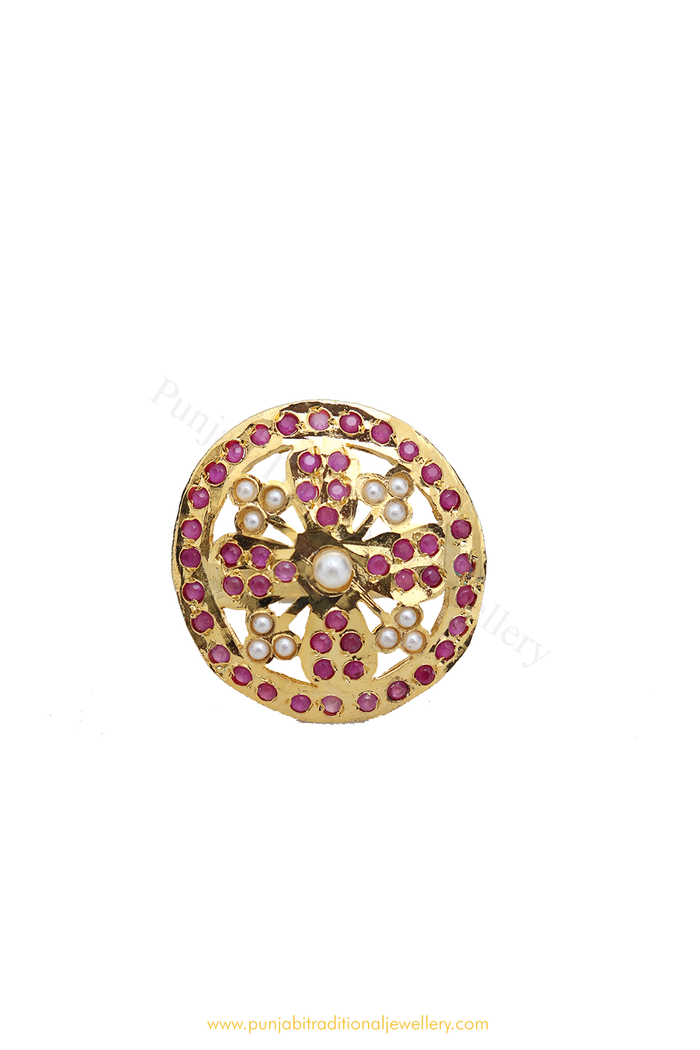 Gold Finished Rubby Jadau Ring By PTJ