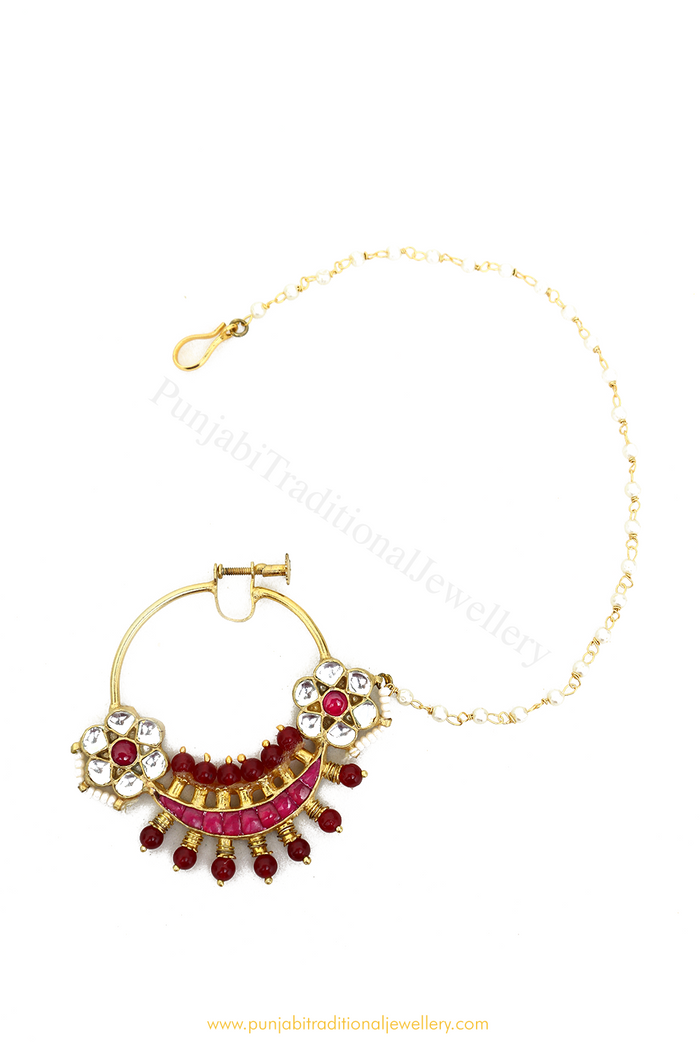 Gold Finished Rubby Kundan Nath By PTJ