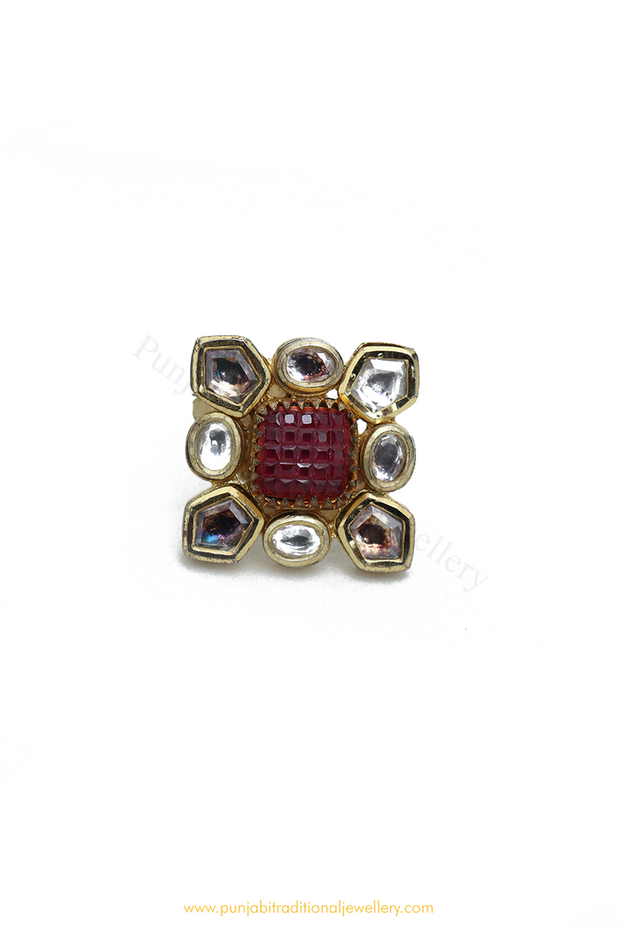 Gold Finished Rubby Kundan Ring By PTJ