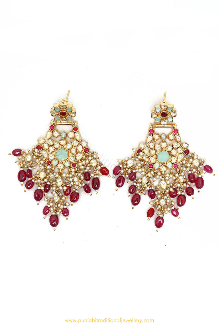Gold Finished Rubby Mint Kundan Earrings by PTJ