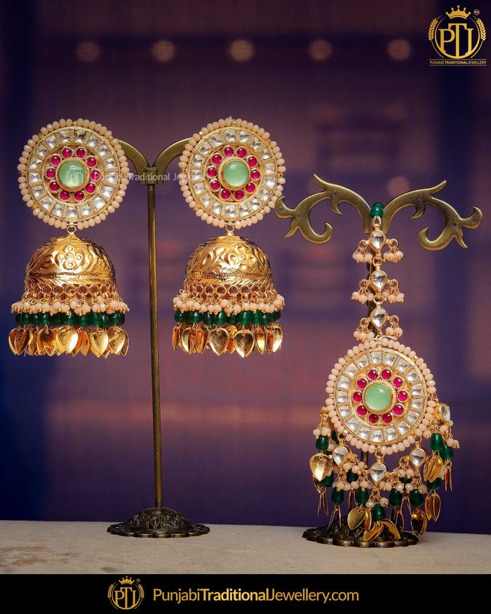 Gold Finished Rubby & New Jade Kundan Jhumki Earrrings & Tikka | Punjabi Traditional Jewellery Exclusive