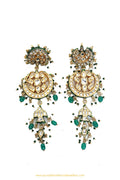 Gold Finished Semi Precious Emerald Kundan Earrings by PTJ