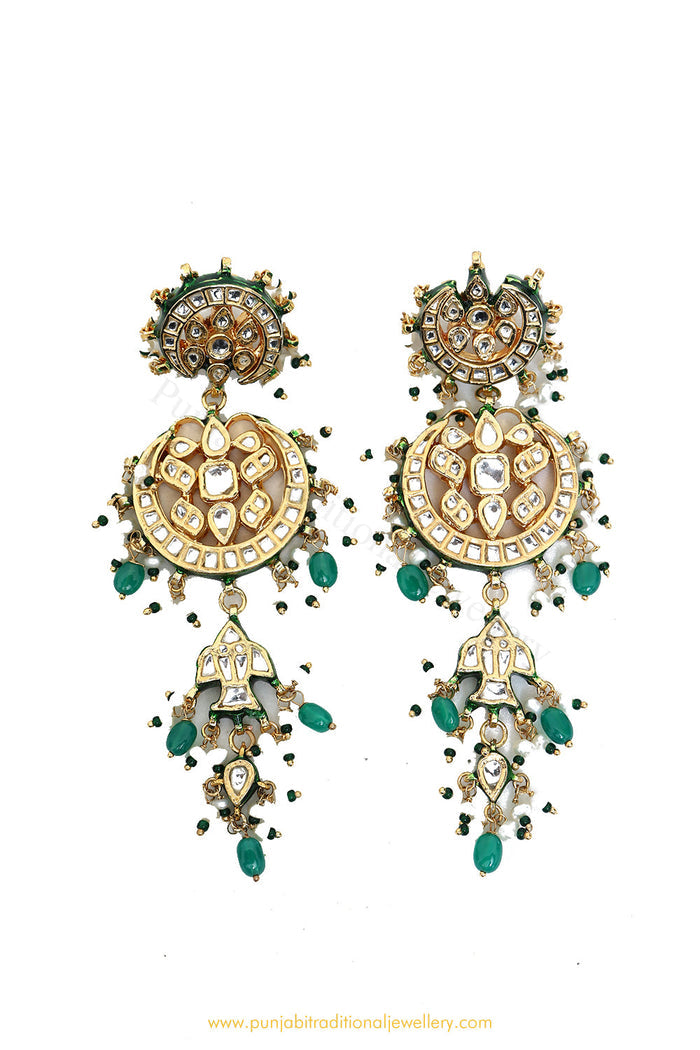 Gold Finished Semi Precious Emerald Kundan Earrings by PTJ