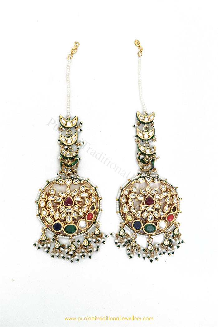Gold Finished Semi Precious Navratan Kundan Earrings by PTJ