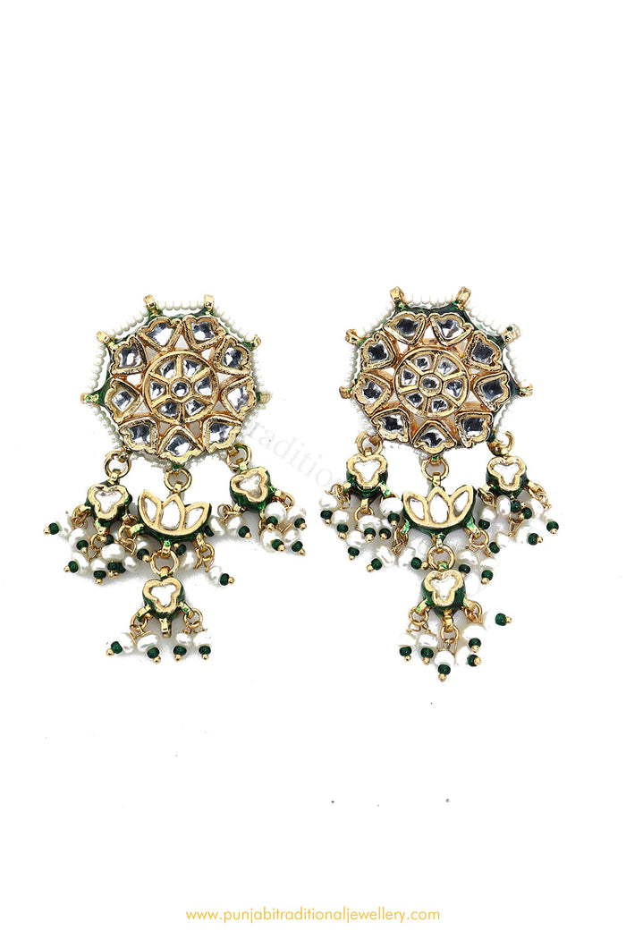 Gold Finished Semi Precious Pearl Kundan Earrings by PTJ