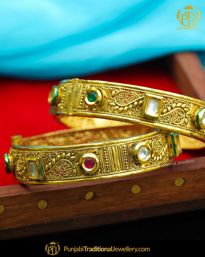 Gold Plated Red Green Johda Openable Bangles (Pair) | Punjabi Traditional Jewellery Exclusive