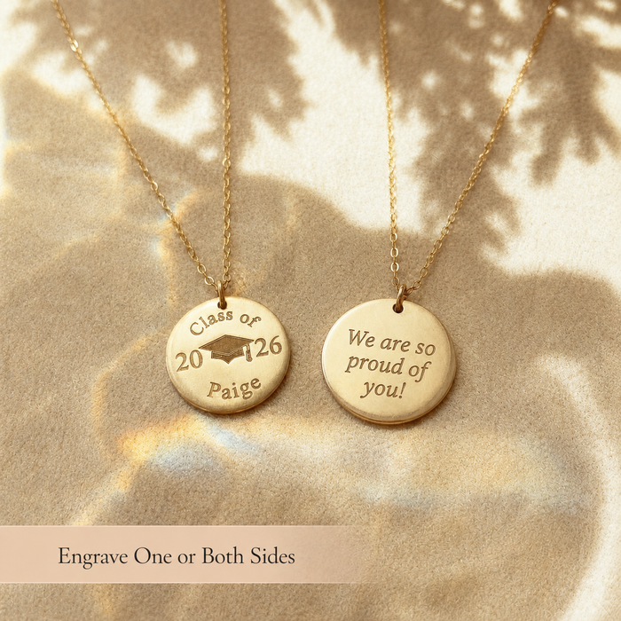 Graduation necklace showing front and back engraving options, including class year, name, and custom message.