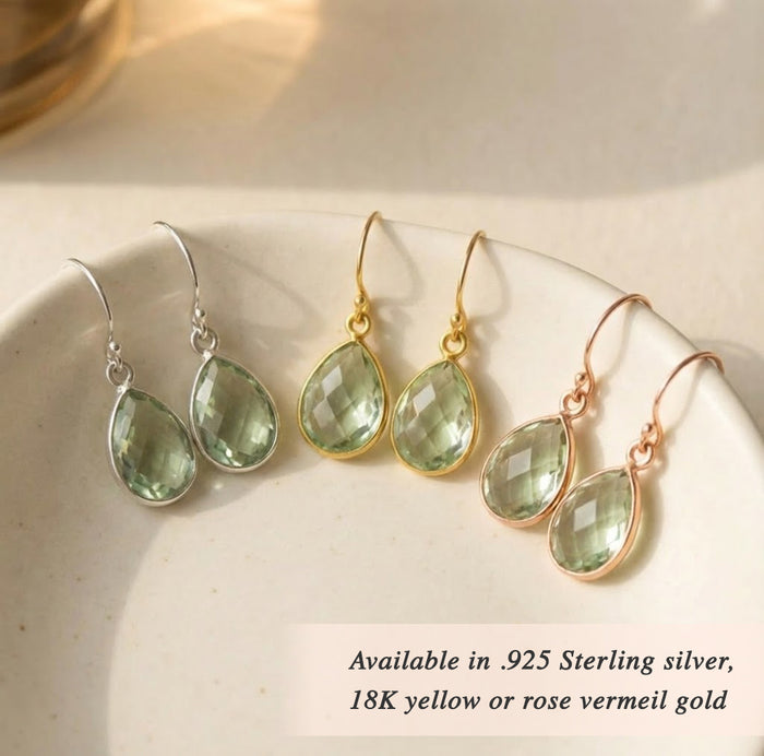 Set of green amethyst teardrop earrings in sterling silver and gold settings, faceted prasiolite gemstone drop earrings available in different metal options.