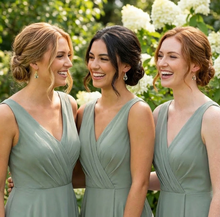 Bridesmaids wearing elegant green gemstone drop earrings, faceted green amethyst teardrop earrings perfect for wedding jewelry and bridesmaid gifts.
