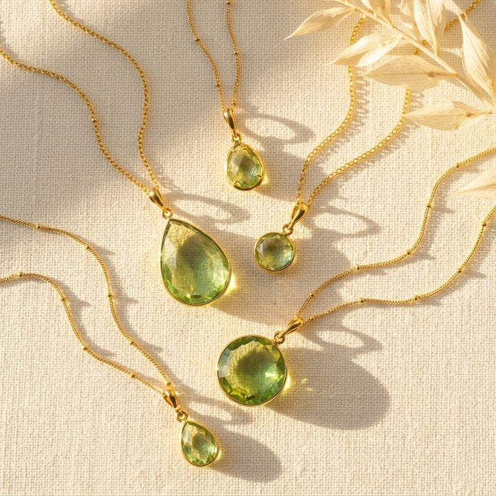 green amethyst necklace set in gold and sterling silver, dainty prasiolite pendant necklaces for layering or everyday jewelry gift