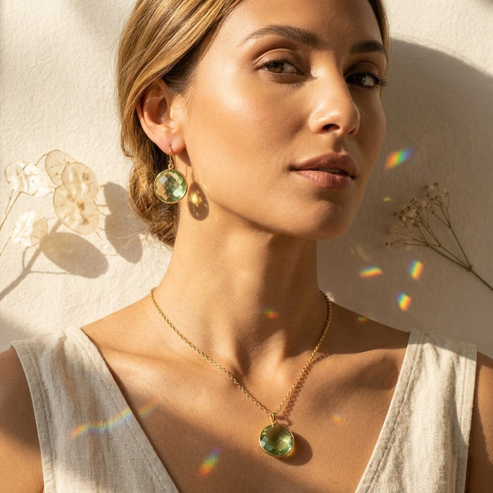 green amethyst pendant necklace worn by woman, minimalist gold prasiolite necklace for everyday layering jewelry
