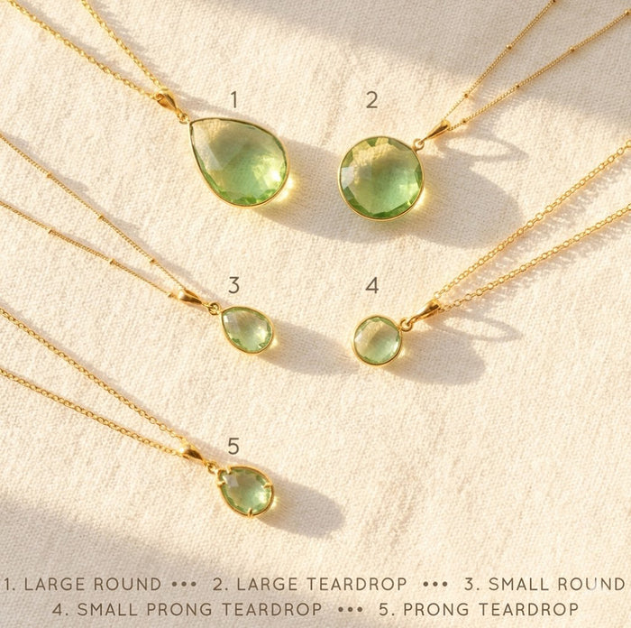 three green amethyst necklaces with different pendant sizes, layered gemstone necklace set in gold
