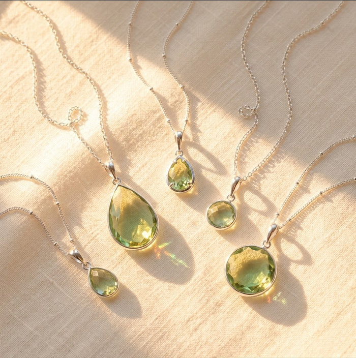 dainty green amethyst pendant necklace with faceted gemstone, minimalist prasiolite jewelry in gold
